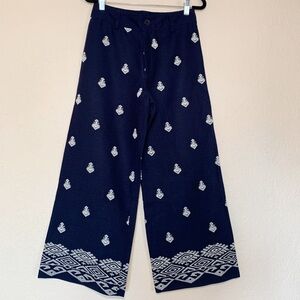 100% Cotton Linen Wide Leg Embroidered Navy Blue Geo Print Sailor Pants Summer